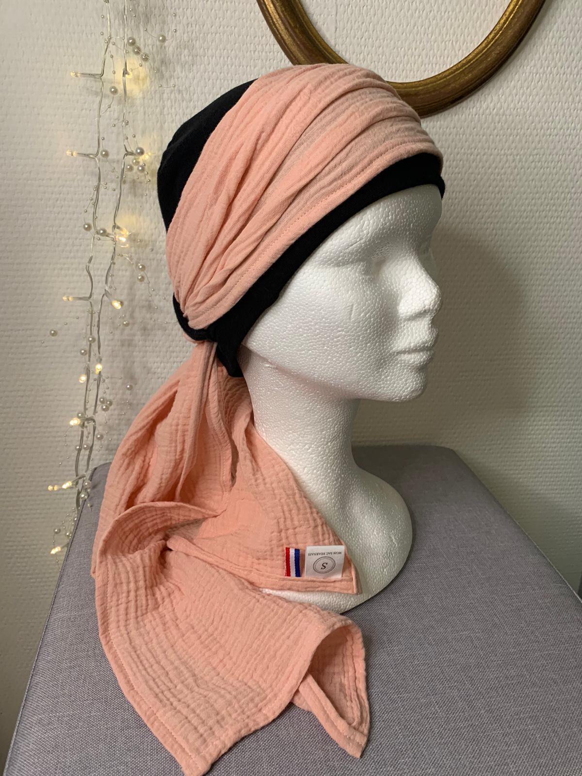 Sublimant 49 Ensemble bonnet de chimiothérapie / Alopécie et son foulard en double gaze uni pêche