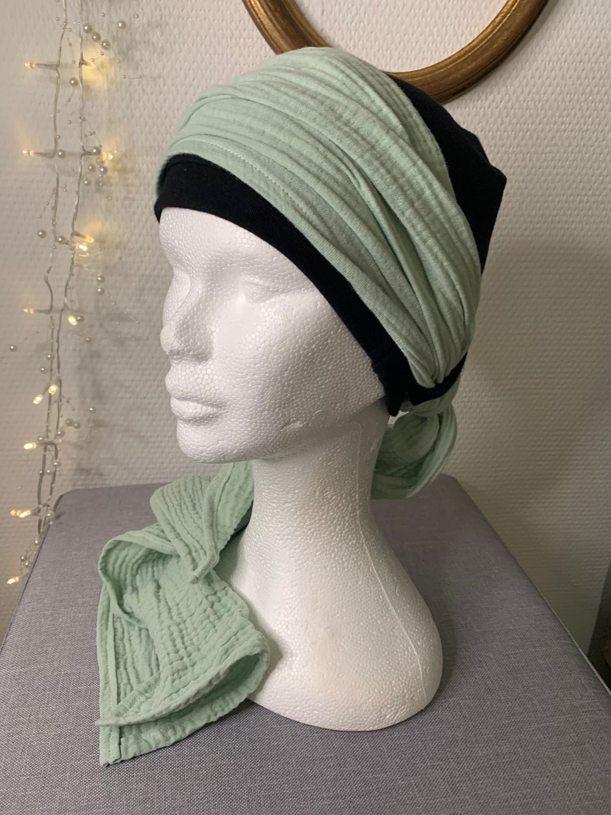 Sublimant 47 Ensemble bonnet de chimiothérapie/ Alopécie et son foulard en double gaze uni vert d'eau
