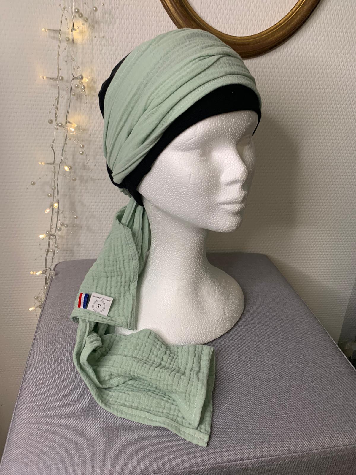 Sublimant 47 Ensemble bonnet de chimiothérapie/ Alopécie et son foulard en double gaze uni vert d'eau