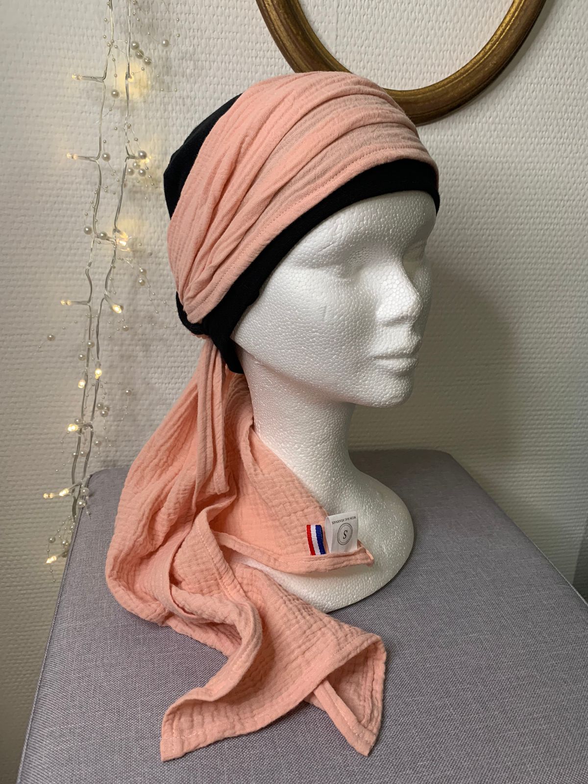 Sublimant 49 Ensemble bonnet de chimiothérapie / Alopécie et son foulard en double gaze uni pêche