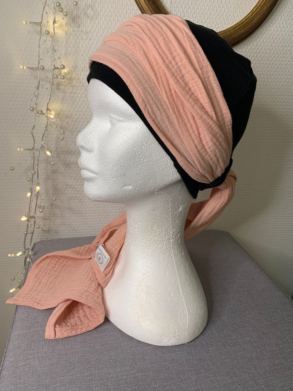 Sublimant 49 Ensemble bonnet de chimiothérapie / Alopécie et son foulard en double gaze uni pêche