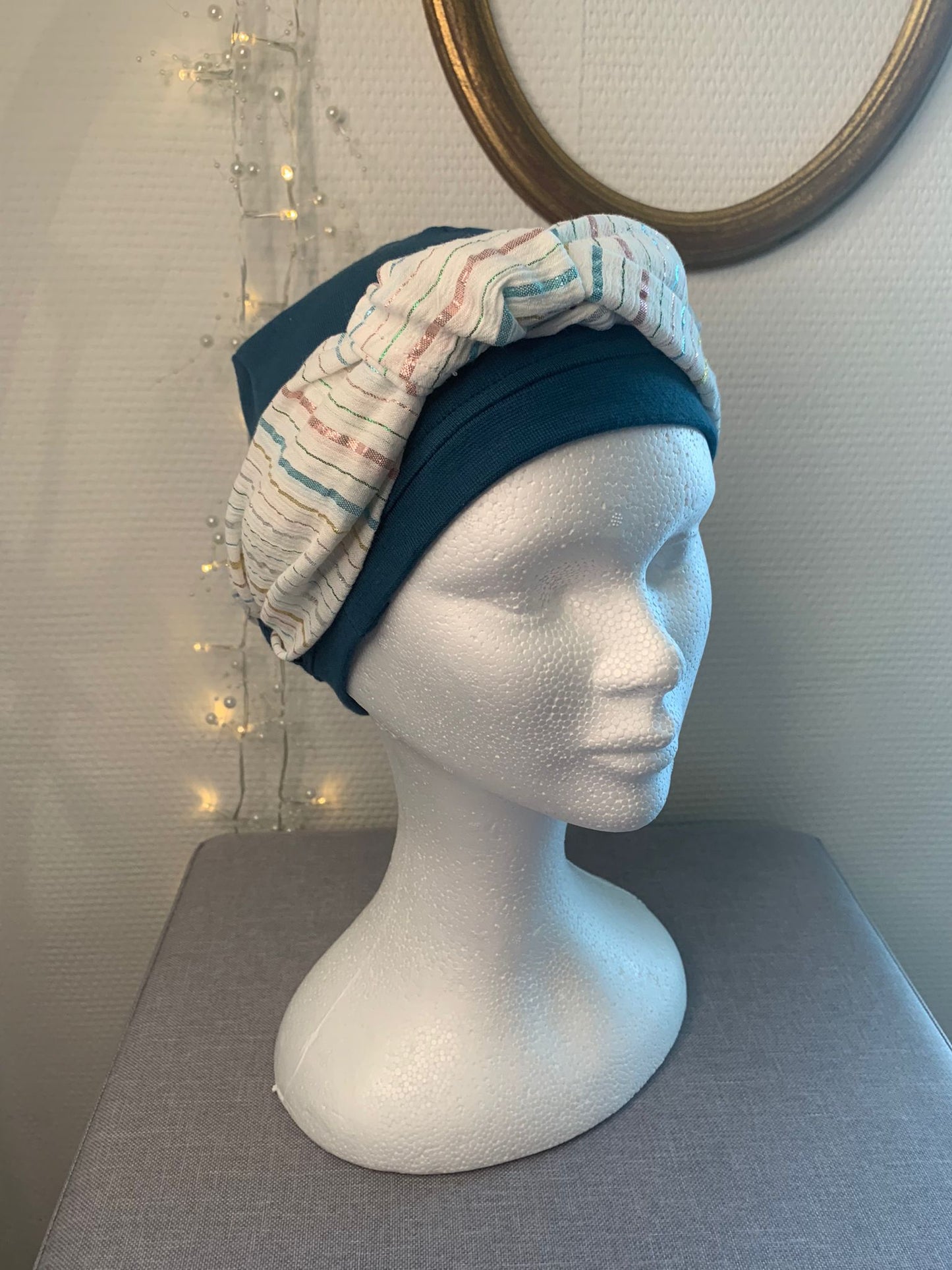Sublimant 12 Ensemble bonnet de chimiothérapie / Alopécie et son foulard voile rayures brillantes