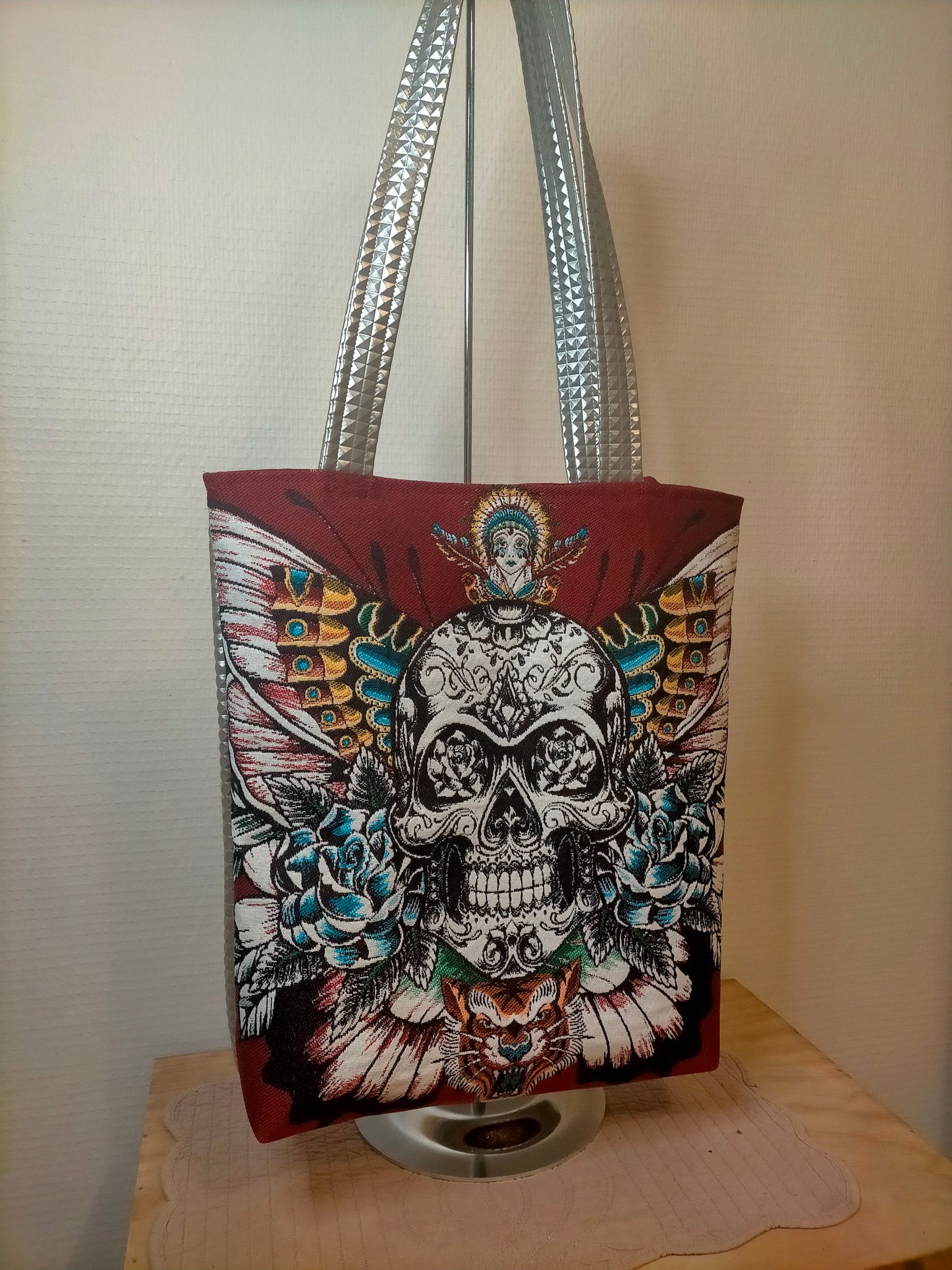 Papillon Gris Sac carré de jacquard tête de mort papillon et simili cuir argenté