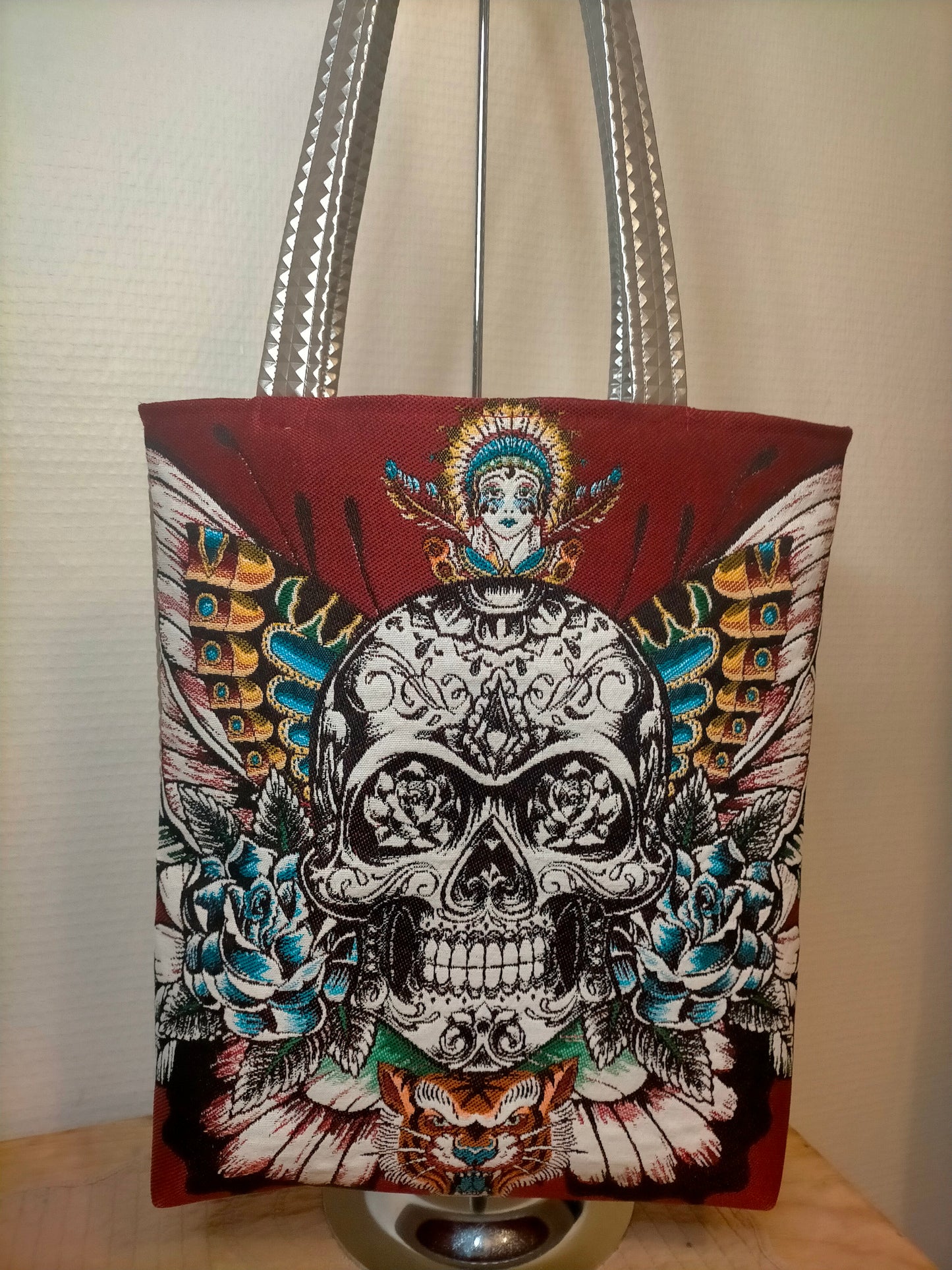 Papillon Gris Sac carré de jacquard tête de mort papillon et simili cuir argenté
