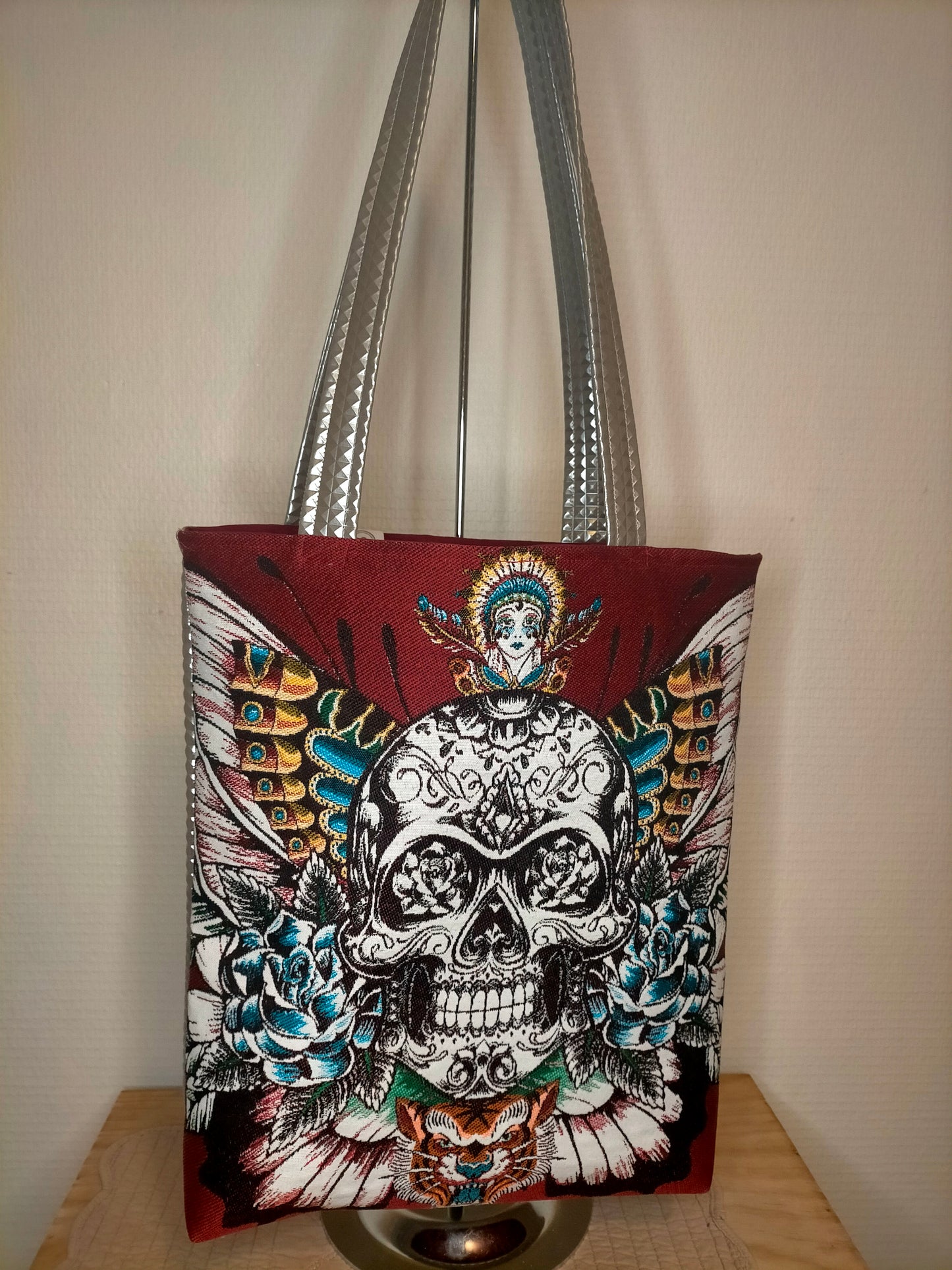 Papillon Gris Sac carré de jacquard tête de mort papillon et simili cuir argenté