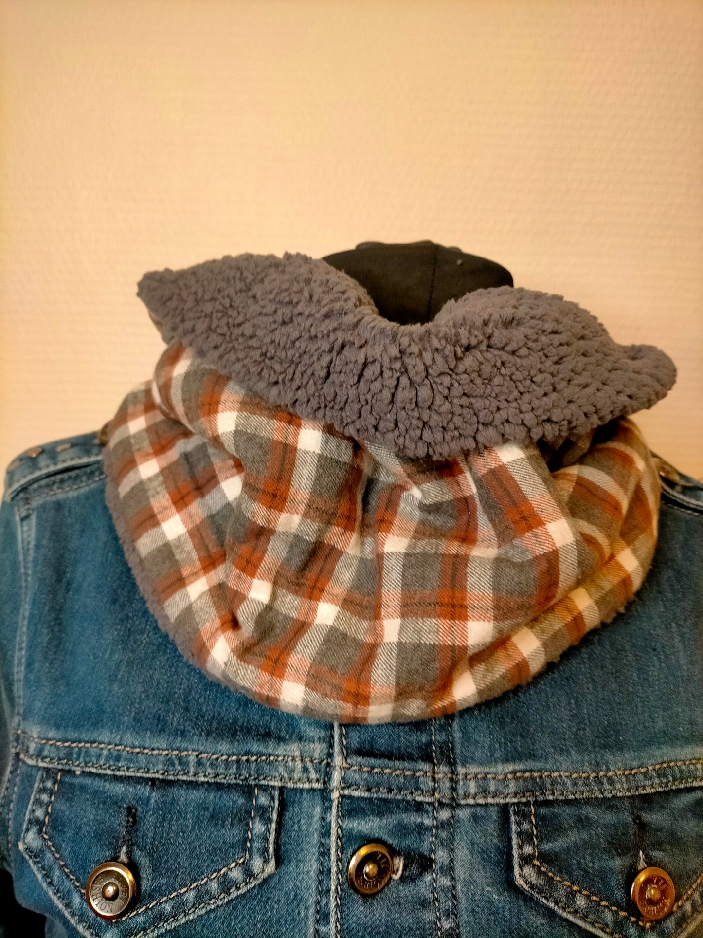 Carreaux et moi Snood fourrure grise et coton