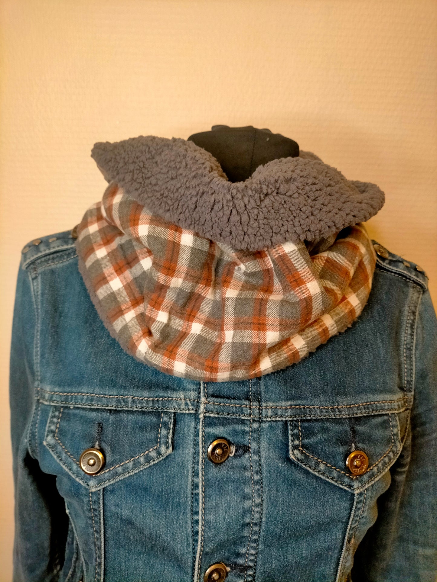 Carreaux et moi Snood fourrure grise et coton