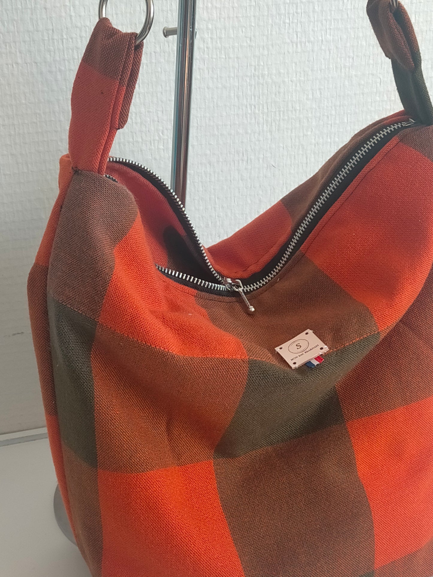 Vintage Upcycling Sac hobo en coton à carreaux, bandoulière amovible