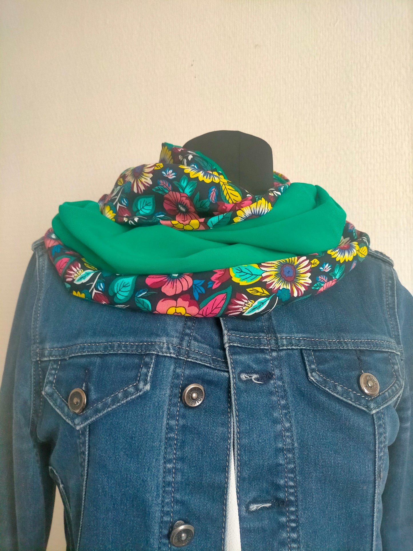Prairie Double snood en viscose fleuri et coton uni vert bouteille