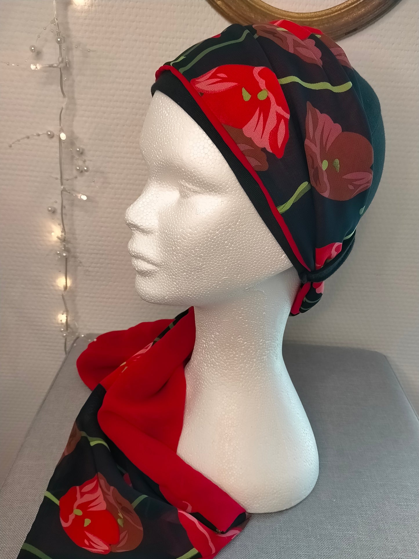 Sublimant 29 Ensemble bonnet de chimiothérapie/ Alopécie et son foulard en voile REVERSIBLE MODELE UNIQUE