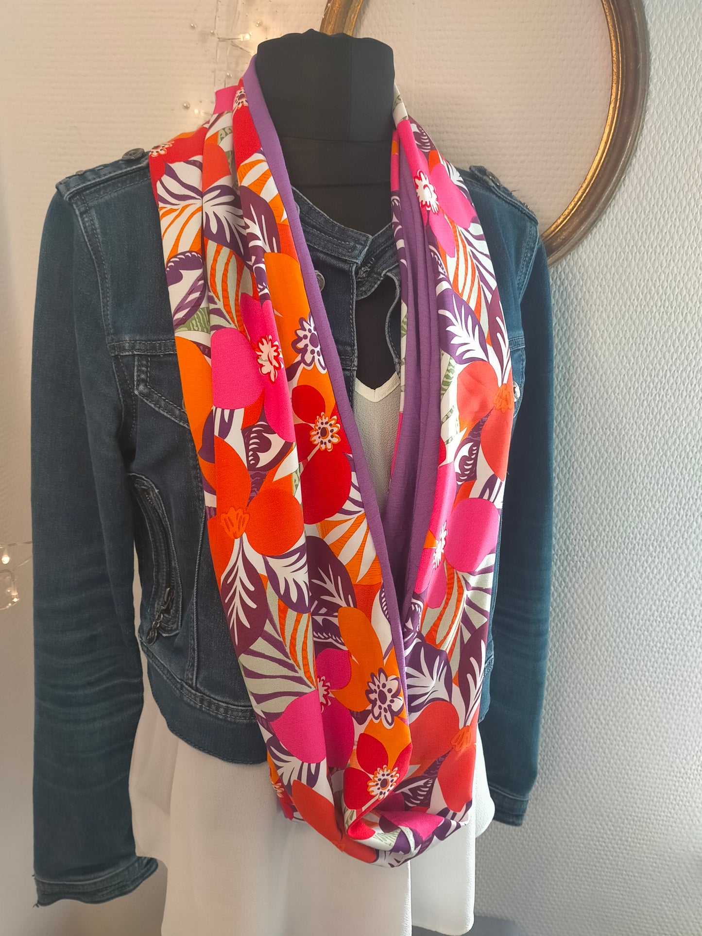 Violette Foulard double snood en viscose fleuri et crêpe violet uni