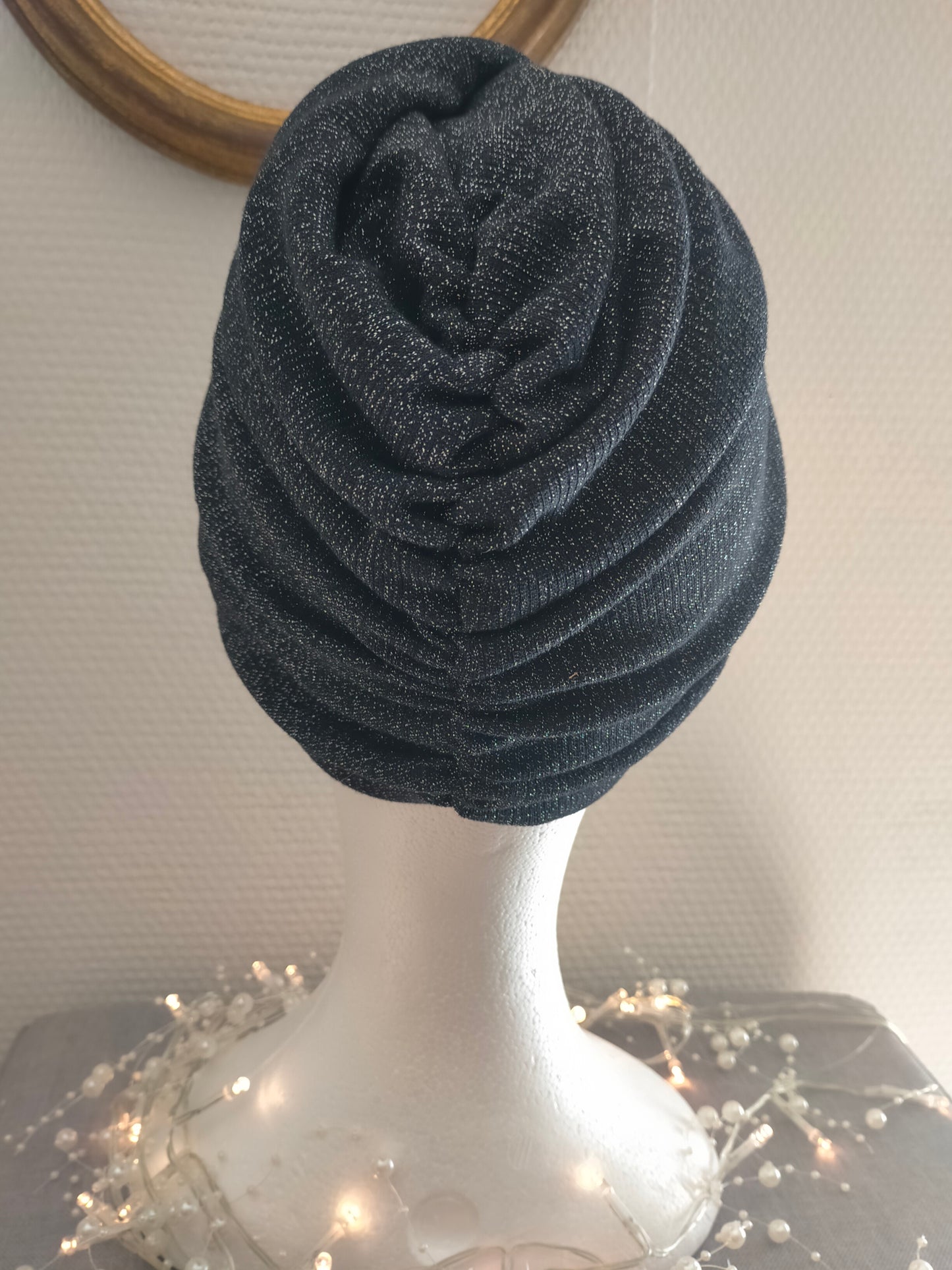 Sublimant Bonnet Turban de chimiothérapie/Alopécie n°8 en jersey noir pailleté