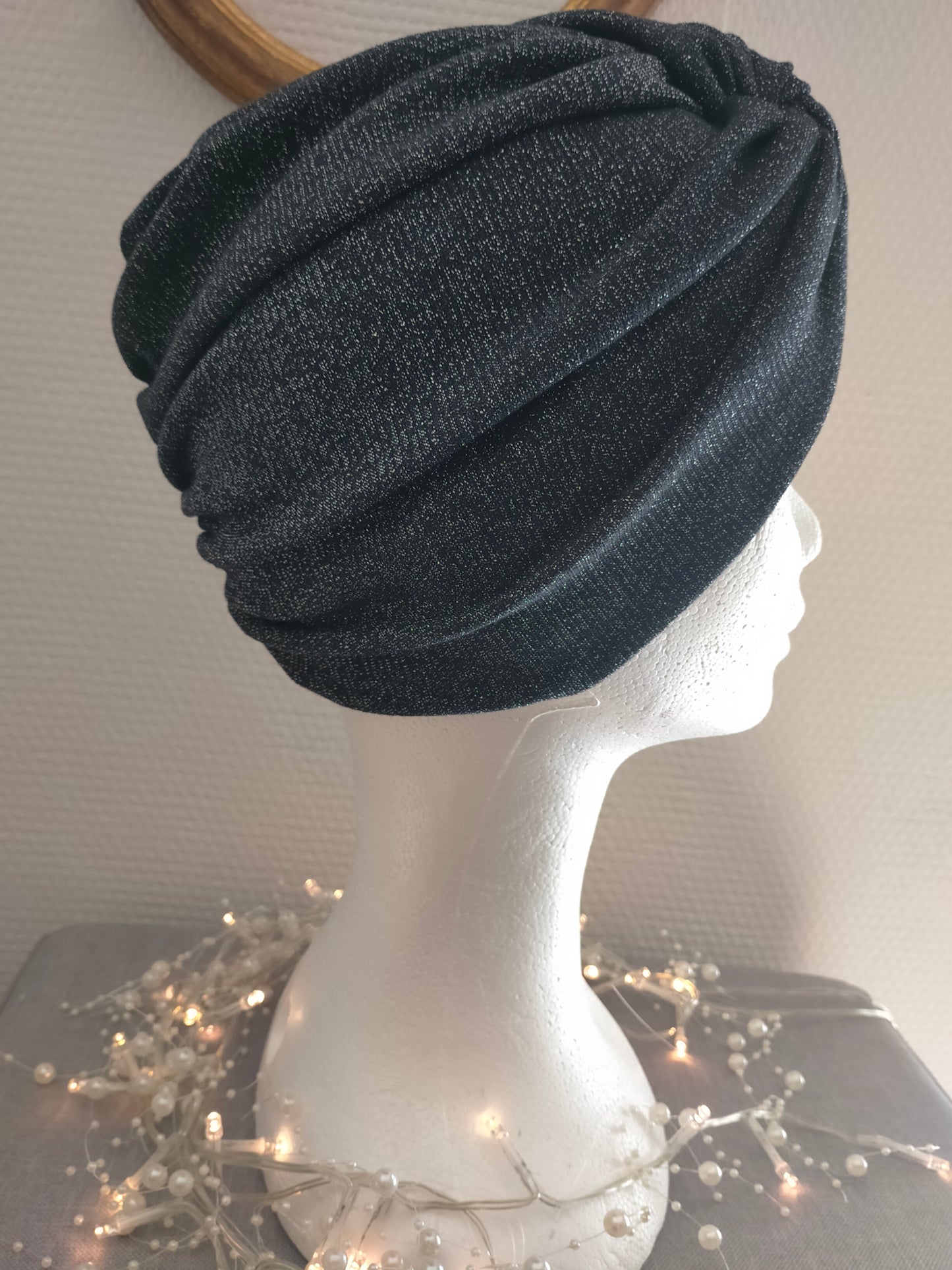 Sublimant Bonnet Turban de chimiothérapie/Alopécie n°8 en jersey noir pailleté