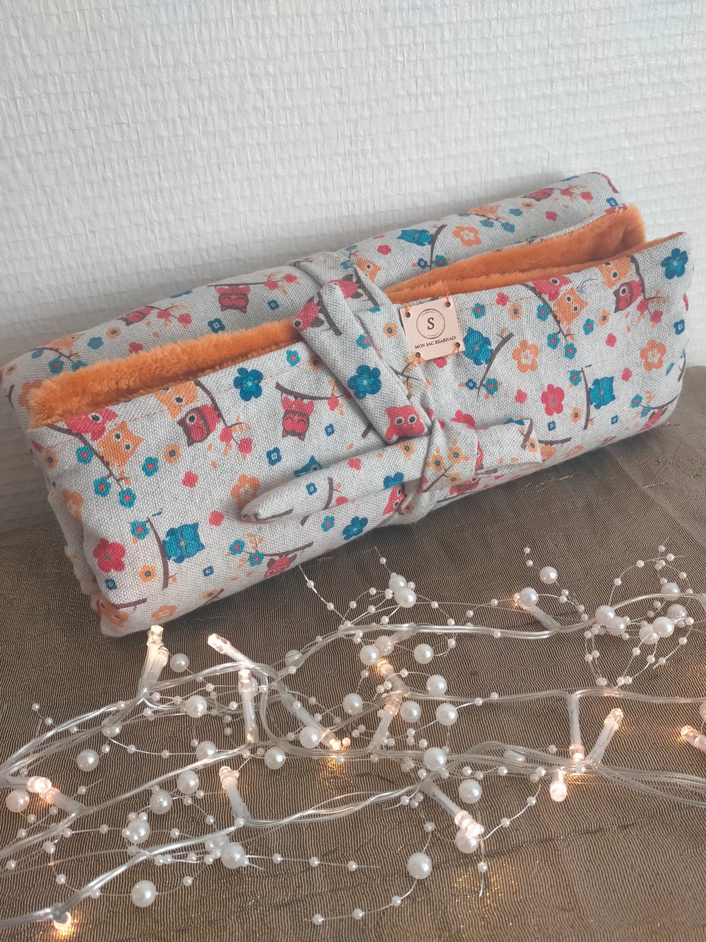 Chouette2 Grande couverture en douillette moutarde et coton 95 x 63