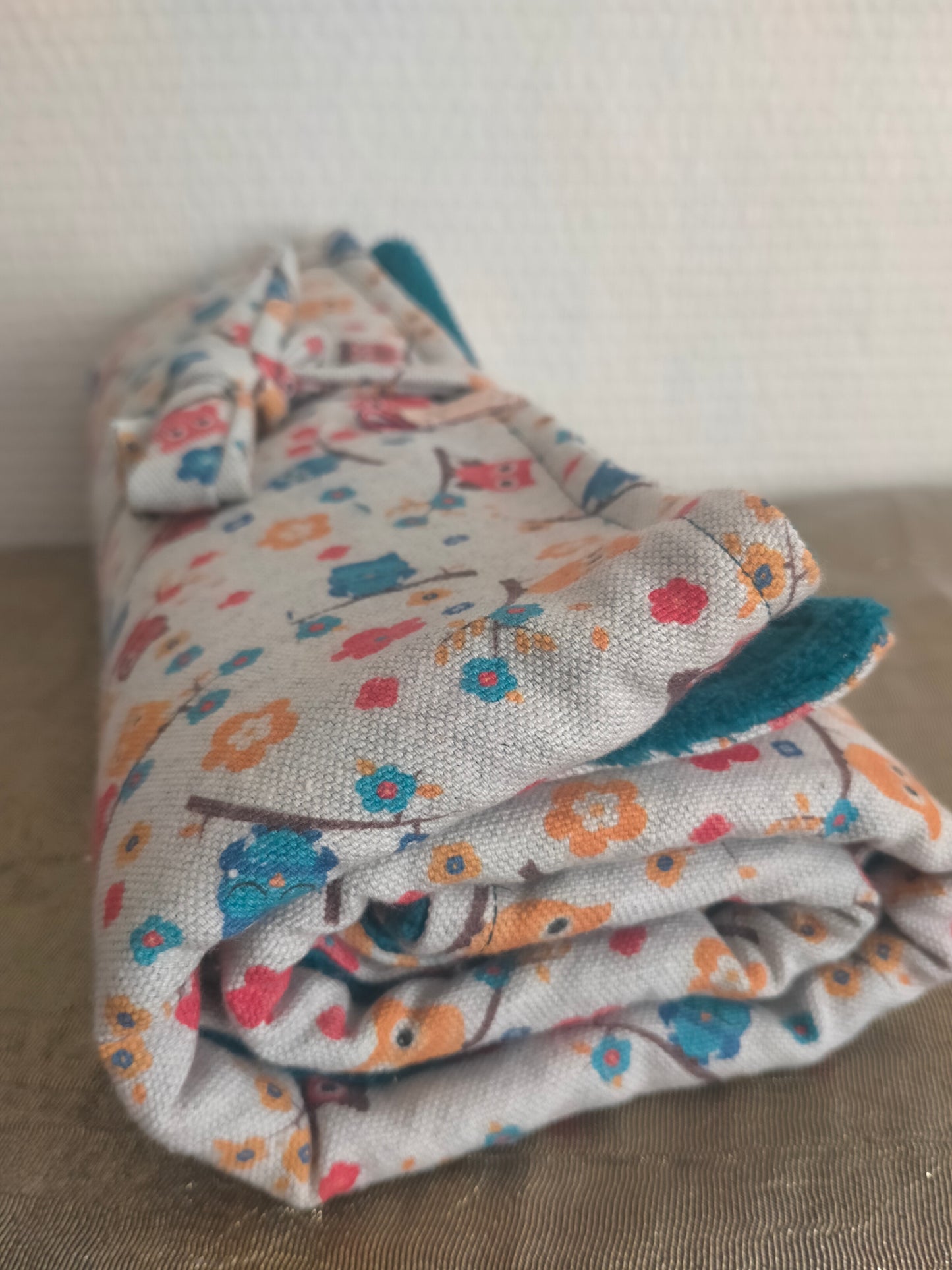 Chouette Grande couverture en douillette bleu canard et coton 95 x 63