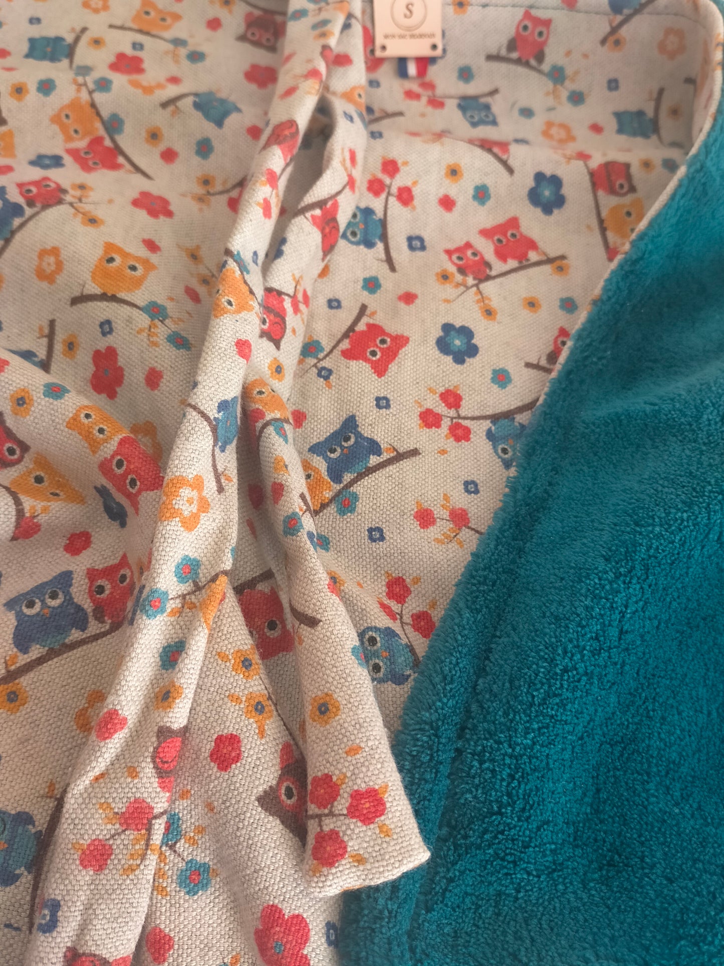 Chouette Grande couverture en douillette bleu canard et coton 95 x 63