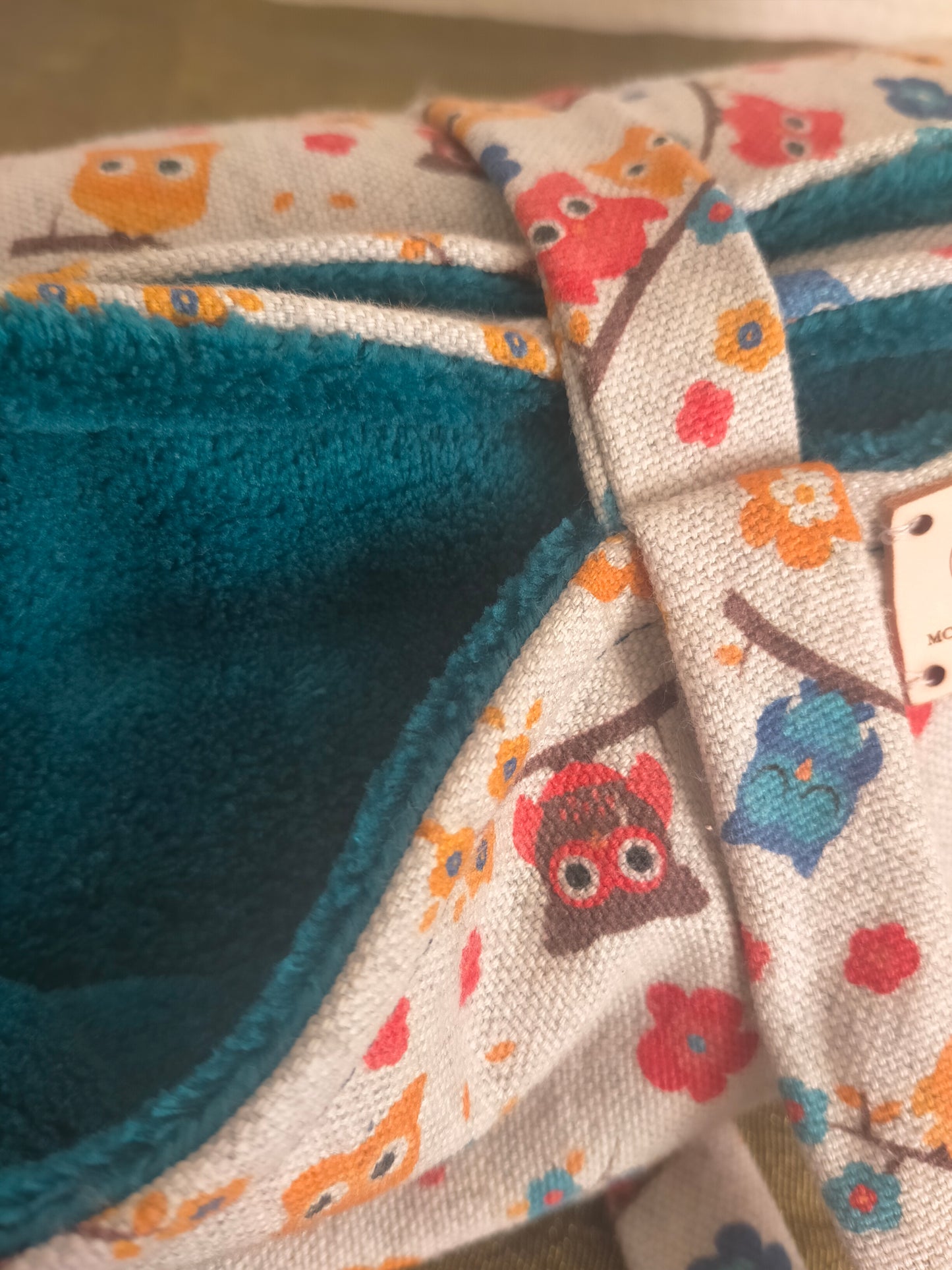 Chouette Grande couverture en douillette bleu canard et coton 95 x 63