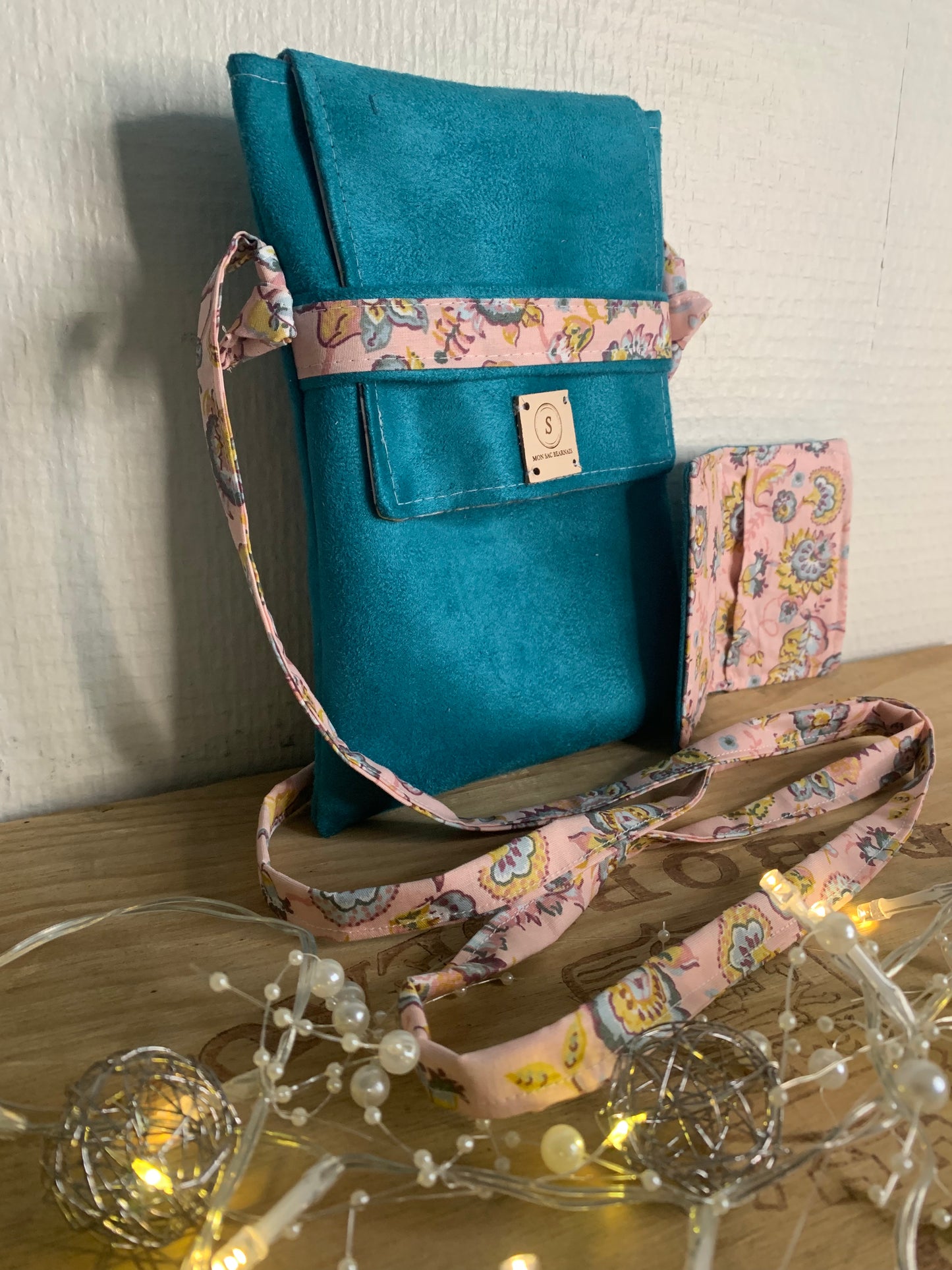 Léandra Pochette suédine bleu canard & Porte cartes
