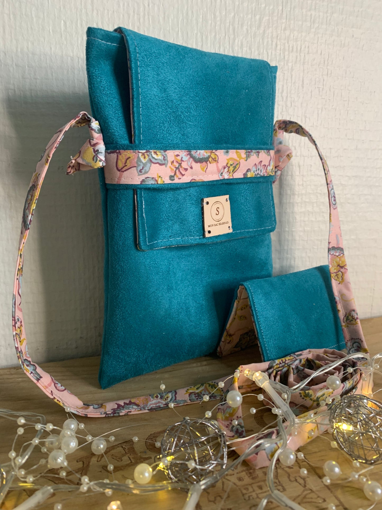 Léandra Pochette suédine bleu canard & Porte cartes