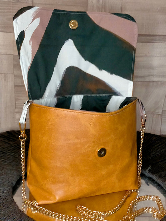 Clous 3 Sac Besace simili cuir moutarde vieilli bandoulière chainette dorée