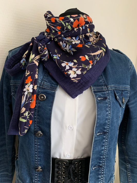 Mimi 28 Foulard  REVERSIBLE façon bandana à lanières Voile et gaze Modèle UNIQUE