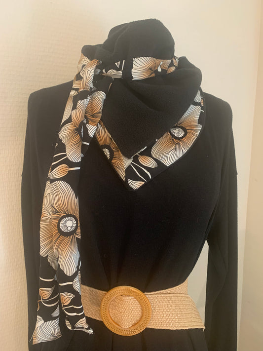 Mimi 1 bis Foulard  triangle Viscose imprimé fleurs et polaire unie noire