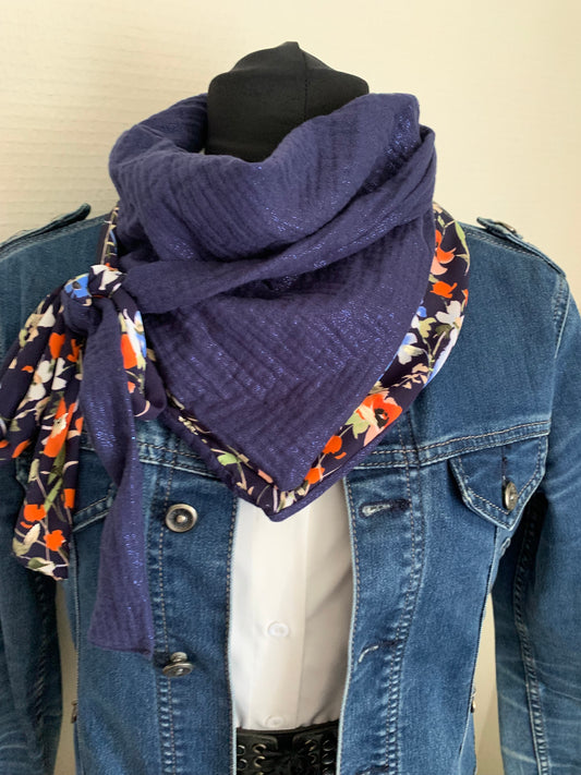 Mimi 28 Foulard  REVERSIBLE façon bandana à lanières Voile et gaze Modèle UNIQUE