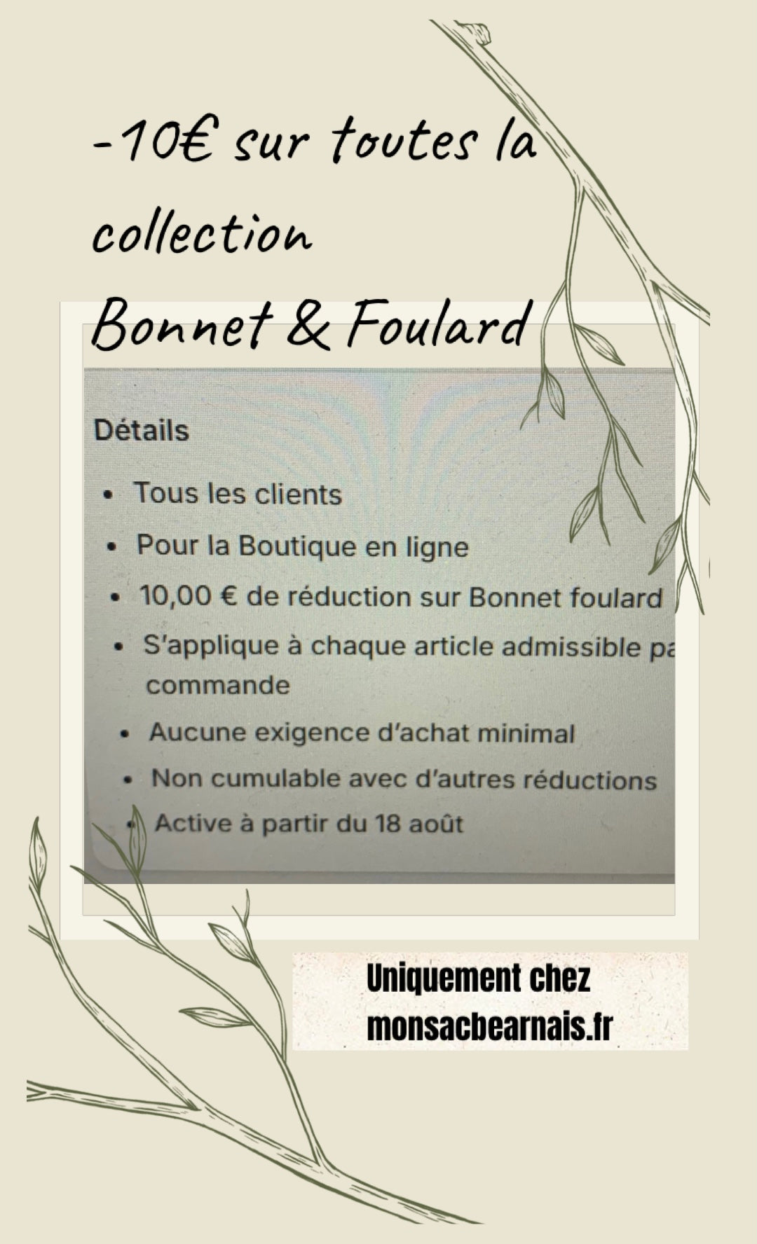 -10€ sur chaque création de la collection Ensemble Bonnet&Foulard soit : 40€ l’ensemble au moment du paiement