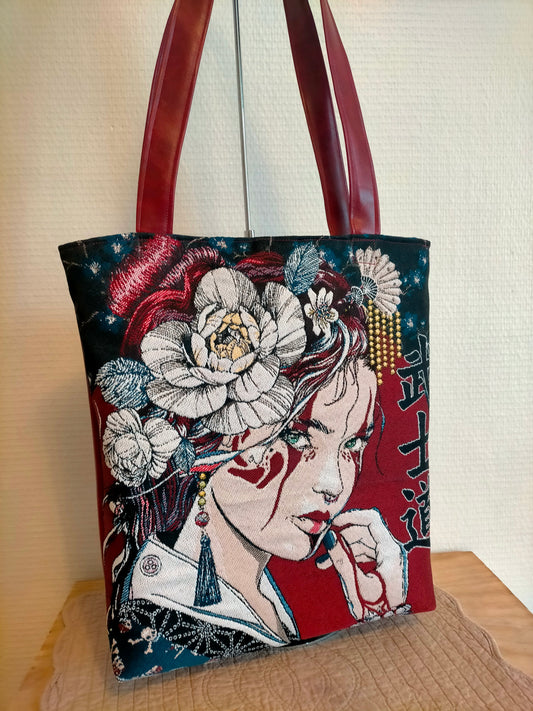 Fuji Geisha  Sac carré de jacquard et simili cuir rouge lisse