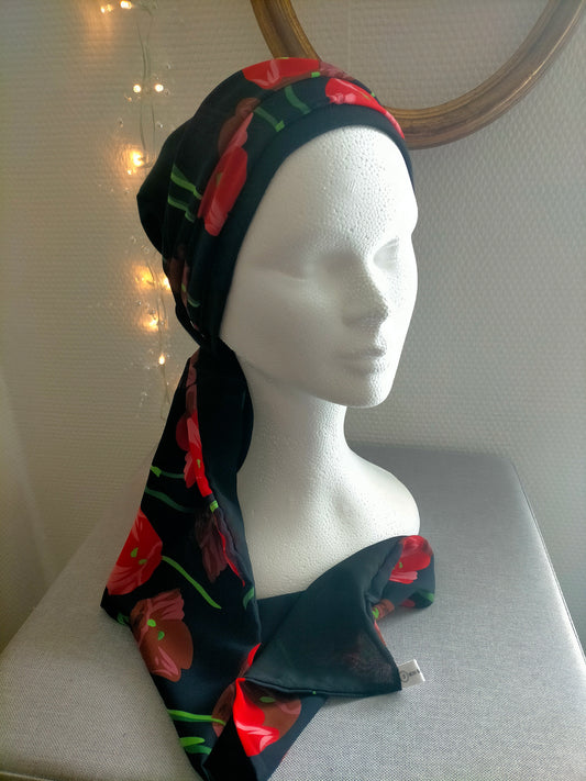 Sublimant n°8  Bonnet anti glisse ( de chimiothérapie) et son foulard REVERSIBLE voile fleuri et uni noir