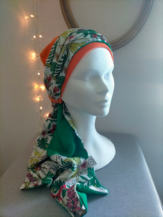 Sublimant n°7 Bonnet anti glisse ( de chimiothérapie ) et son foulard REVERSIBLE viscose fleuri et vert bouteille