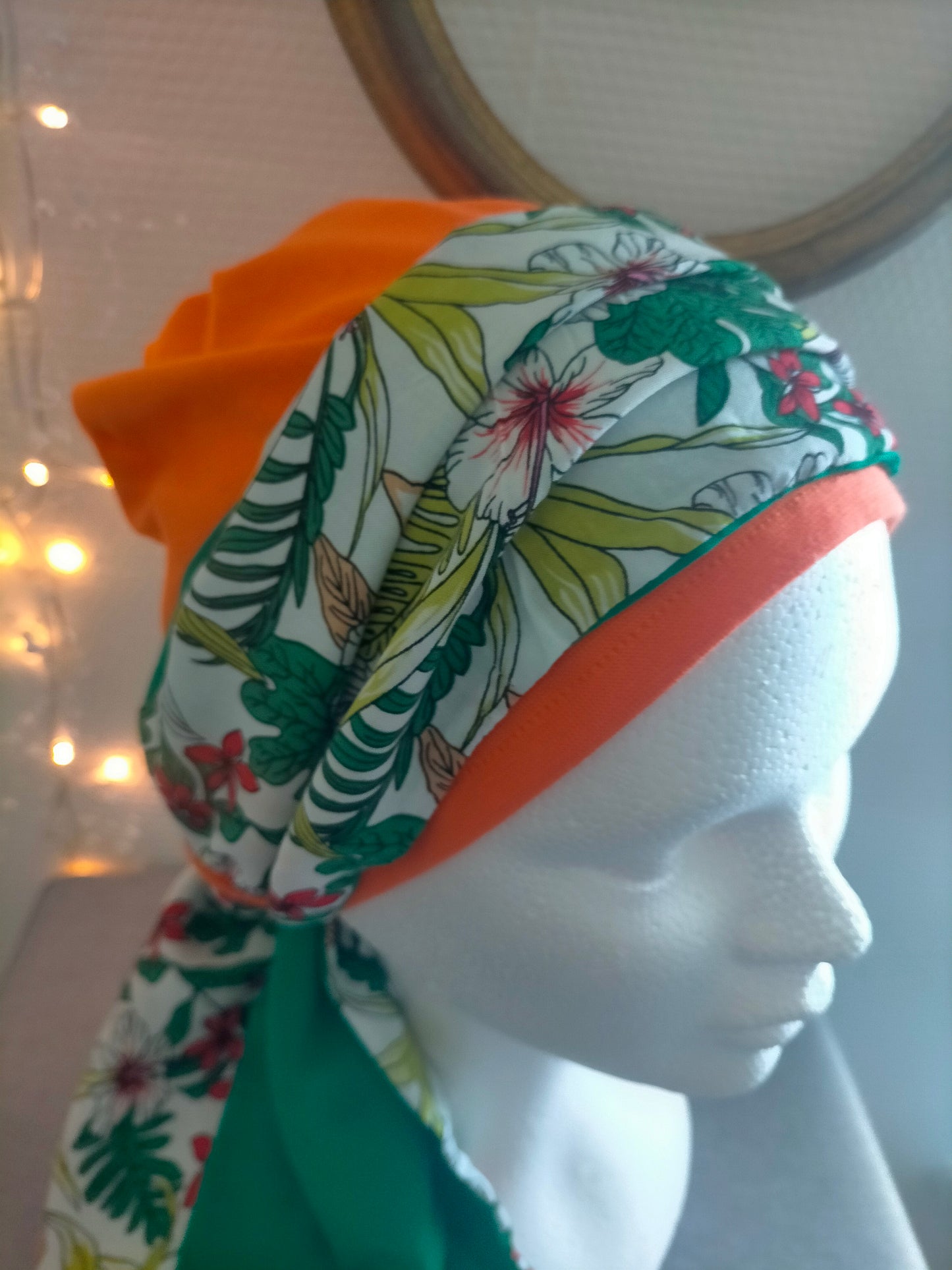 Sublimant n°7 Bonnet anti glisse ( de chimiothérapie ) et son foulard REVERSIBLE viscose fleuri et vert bouteille