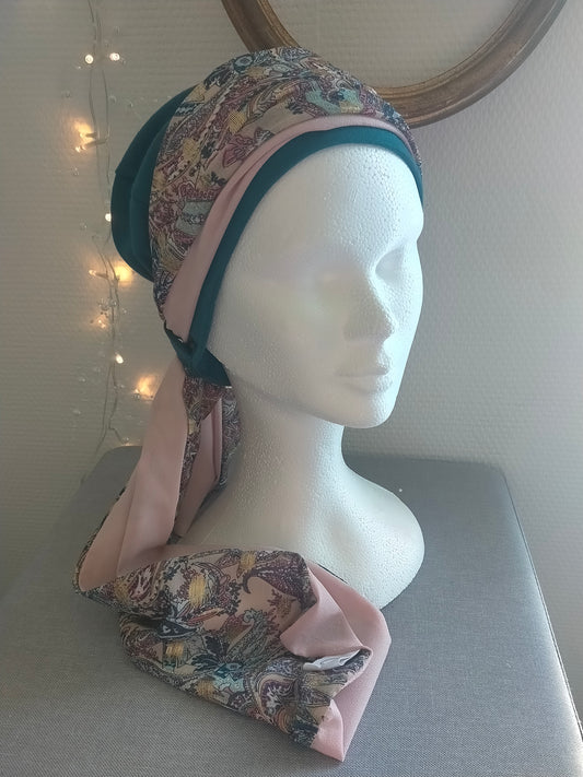 Sublimant n°4 Bonnet anti glisse ( de chimiothérapie) et son foulard REVERSIBLE voile fleuri lurex  et crêpe rose pale