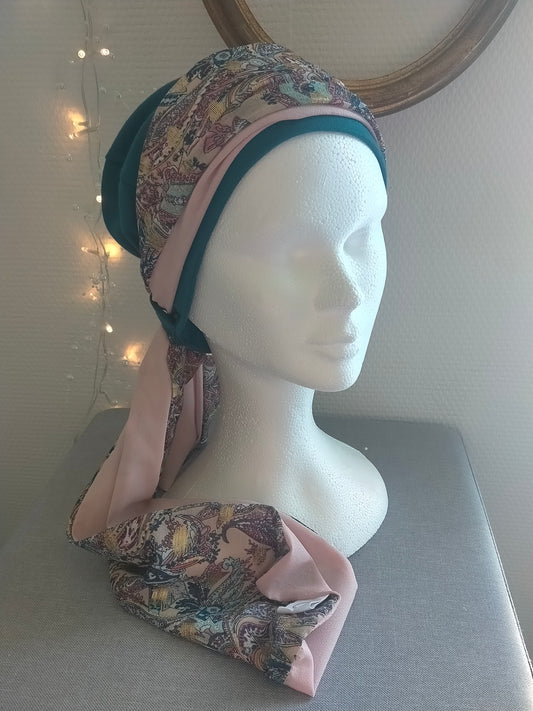 Sublimant 4 Ensemble bonnet de chimiothérapie/ Alopécie et son foulard REVERSIBLE voile fleuri lurex  et crêpe rose pale