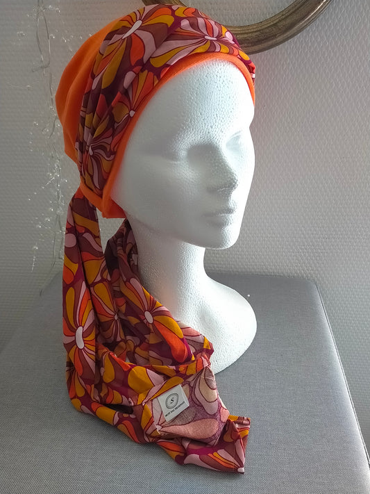 Sublimant n°3 Bonnet anti glisse ( de chimiothérapie ) et son foulard en viscose couleurs orangés
