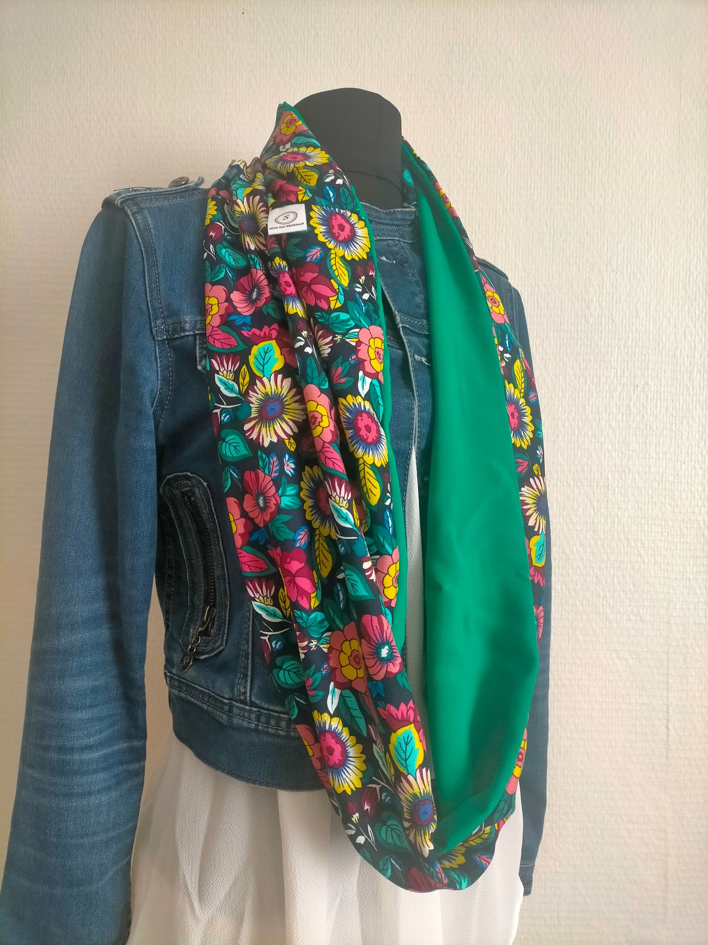 Prairie Double snood en viscose fleuri et coton uni vert bouteille