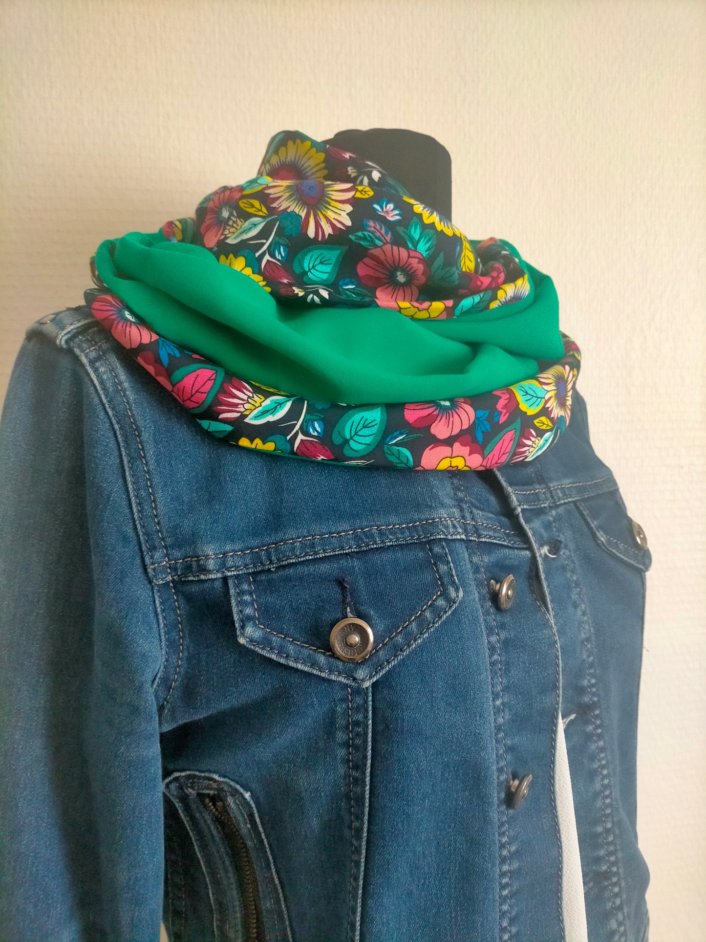 Prairie Double snood en viscose fleuri et coton uni vert bouteille