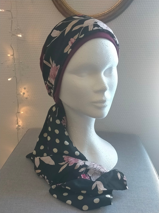 Sublimant n°21 Bonnet anti glisse ( de chimiothérapie ) et son foulard REVERSIBLE MODELE UNIQUE