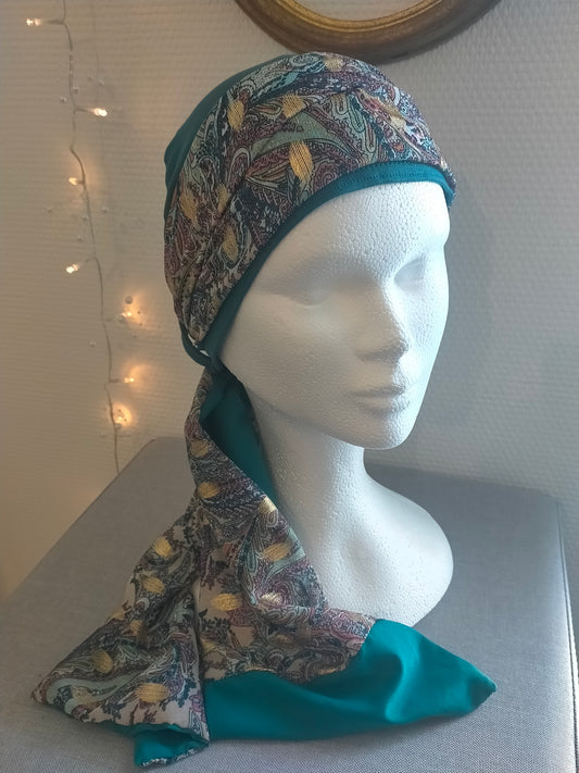 Sublimant n°20 Bonnet anti glisse ( de chimiothérapie ) et son foulard REVERSIBLE MODELE UNIQUE