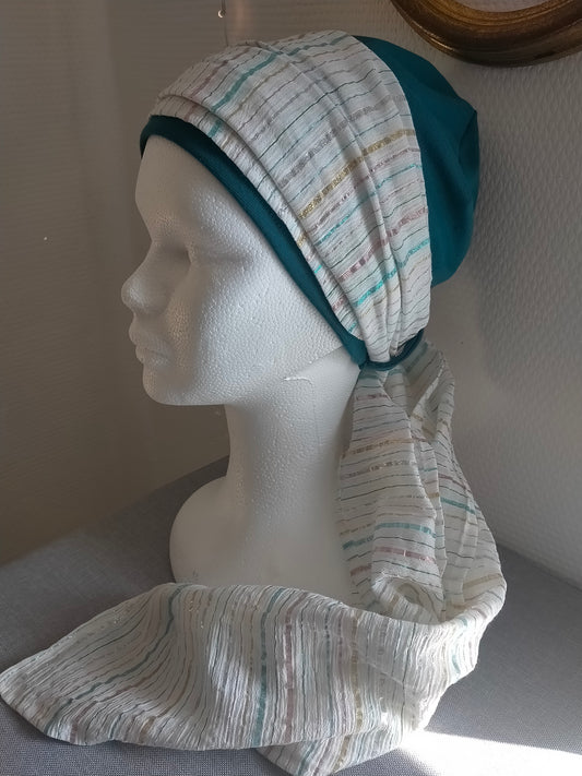 Sublimant n°12   Bonnet anti glisse ( de chimiothérapie ) et son foulard voile rayures brillantes