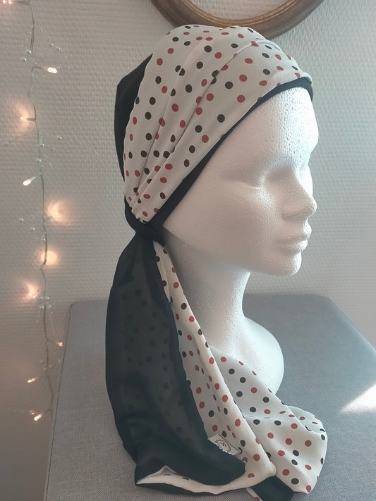 Sublimant n°9  Bonnet anti glisse ( de chimiothérapie ) et son foulard REVERSIBLE en viscose et voile noir uni