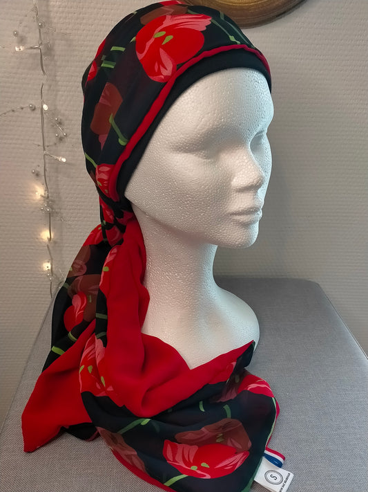 Sublimant 29 Ensemble bonnet de chimiothérapie/ Alopécie et son foulard en voile REVERSIBLE MODELE UNIQUE