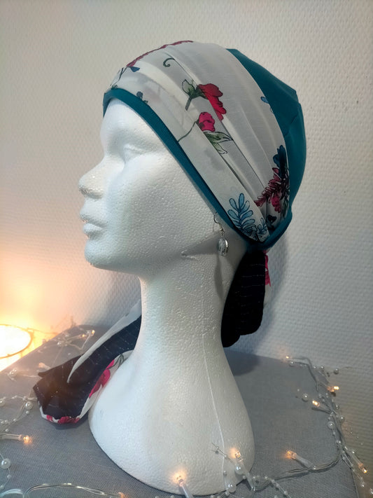 Sublimant 34 Ensemble bonnet de chimiothérapie/ Alopécie et son foulard REVERSIBLE voile viscose liseré doré