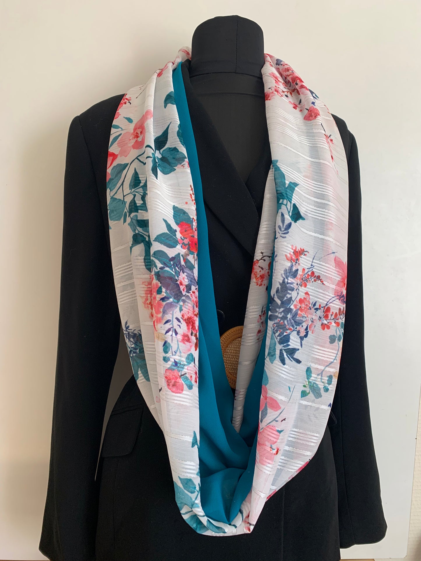 Lac en fleurs    Foulard double tour de cou REVERSIBLE en  MODELE UNIQUE