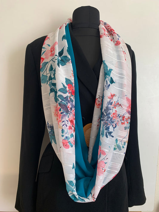 Lac en fleurs    Foulard double tour de cou REVERSIBLE en  MODELE UNIQUE