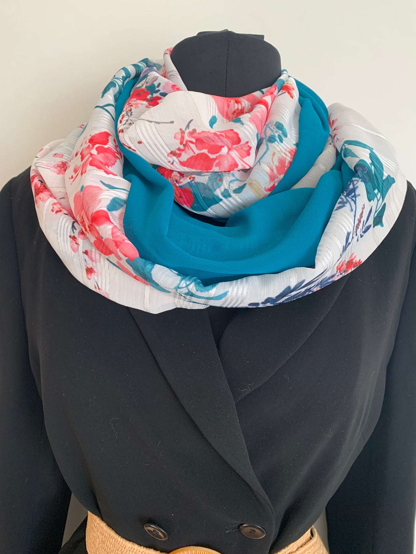 Lac en fleurs    Foulard double tour de cou REVERSIBLE en  MODELE UNIQUE