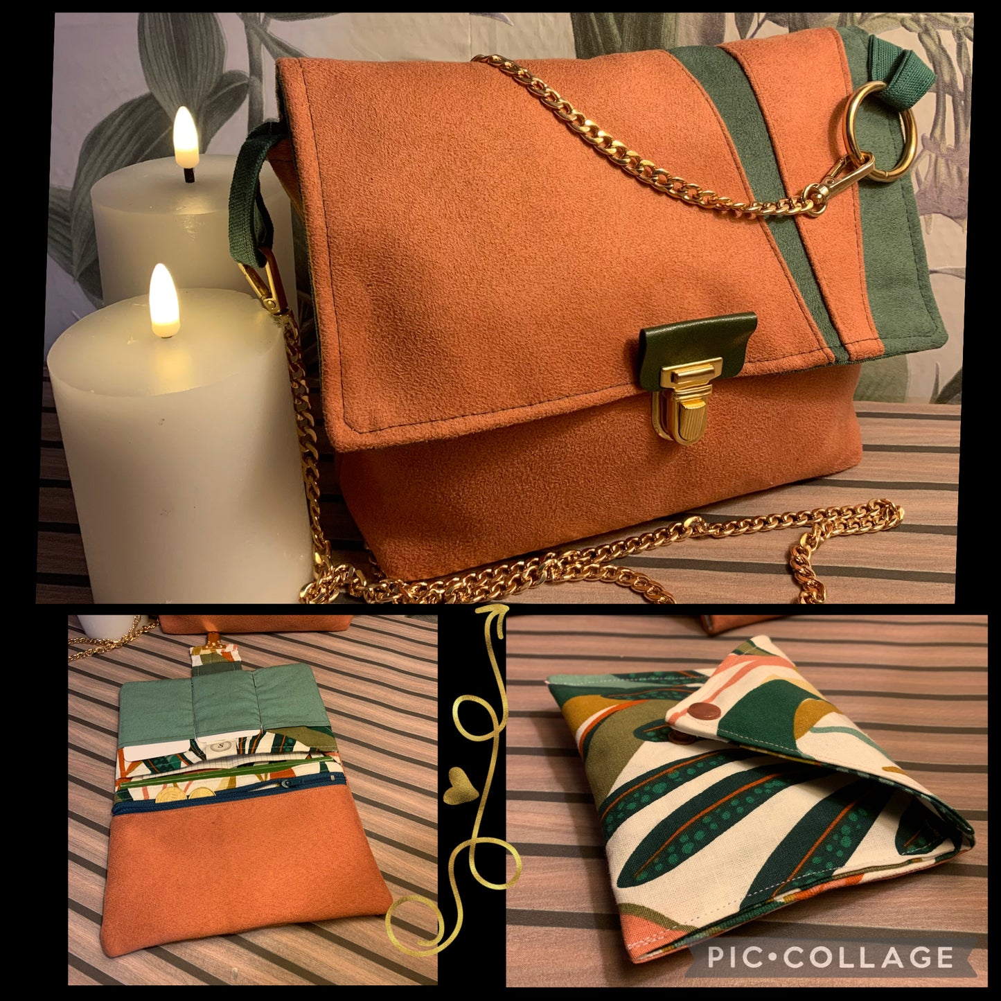 Commande personnalisée : Sac besace en Alcantara son  porte feuille et pochette enveloppe