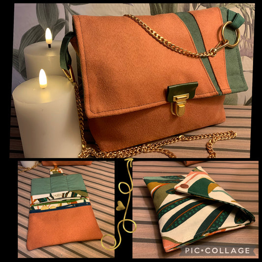Commande personnalisée : Sac besace en Alcantara son  porte feuille et pochette enveloppe