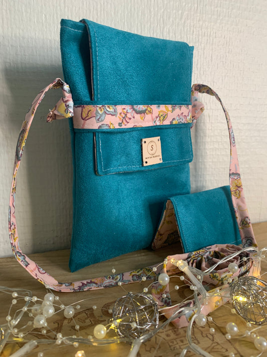 Léandra Pochette suédine bleu canard & Porte cartes