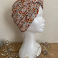 Sublimant bonnet turban de chimiothérapie / Alopécie n° 10 en jersey fond blanc petites fleurs terracotta